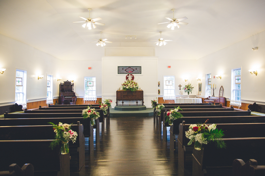 Historic white wedding chapel interior at Shiloh Farm Tallahassee